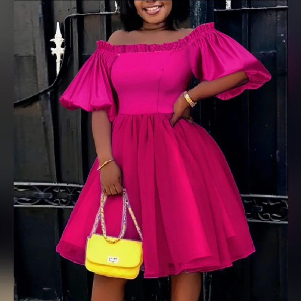Pink plus-size elegant off should mesh stitching swing dress